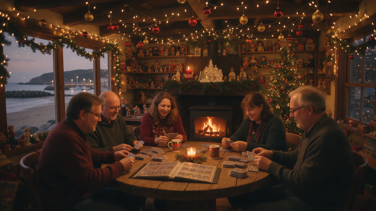 Collectors trading cards by the fire at a Christmas gathering by the coast