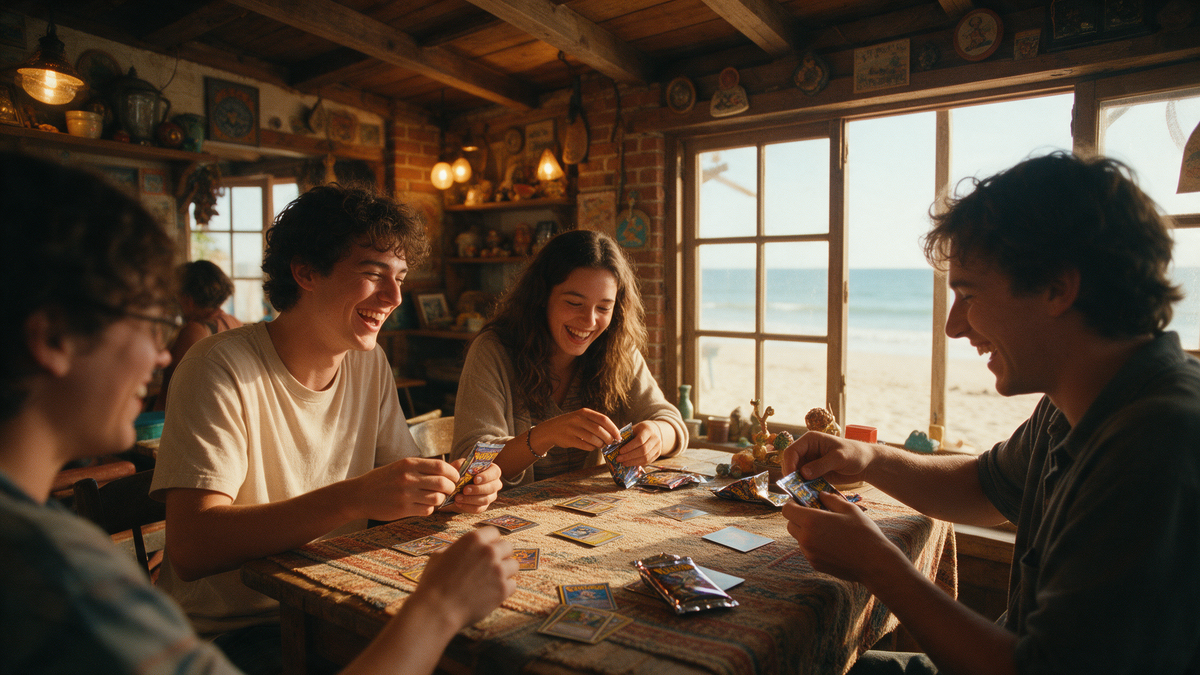 Friends laughing while opening trading card packs at a beachside shop